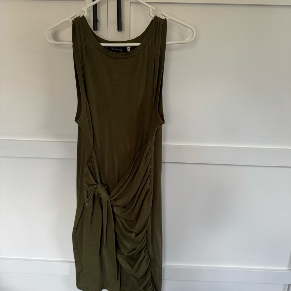 Olive Green Sleeveless Dress with Ruched Detail